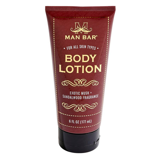 San Francisco Soap Company Man Bar Lotion bottle front shows exotic musk and sandalwood fragrance for everyday hydration.