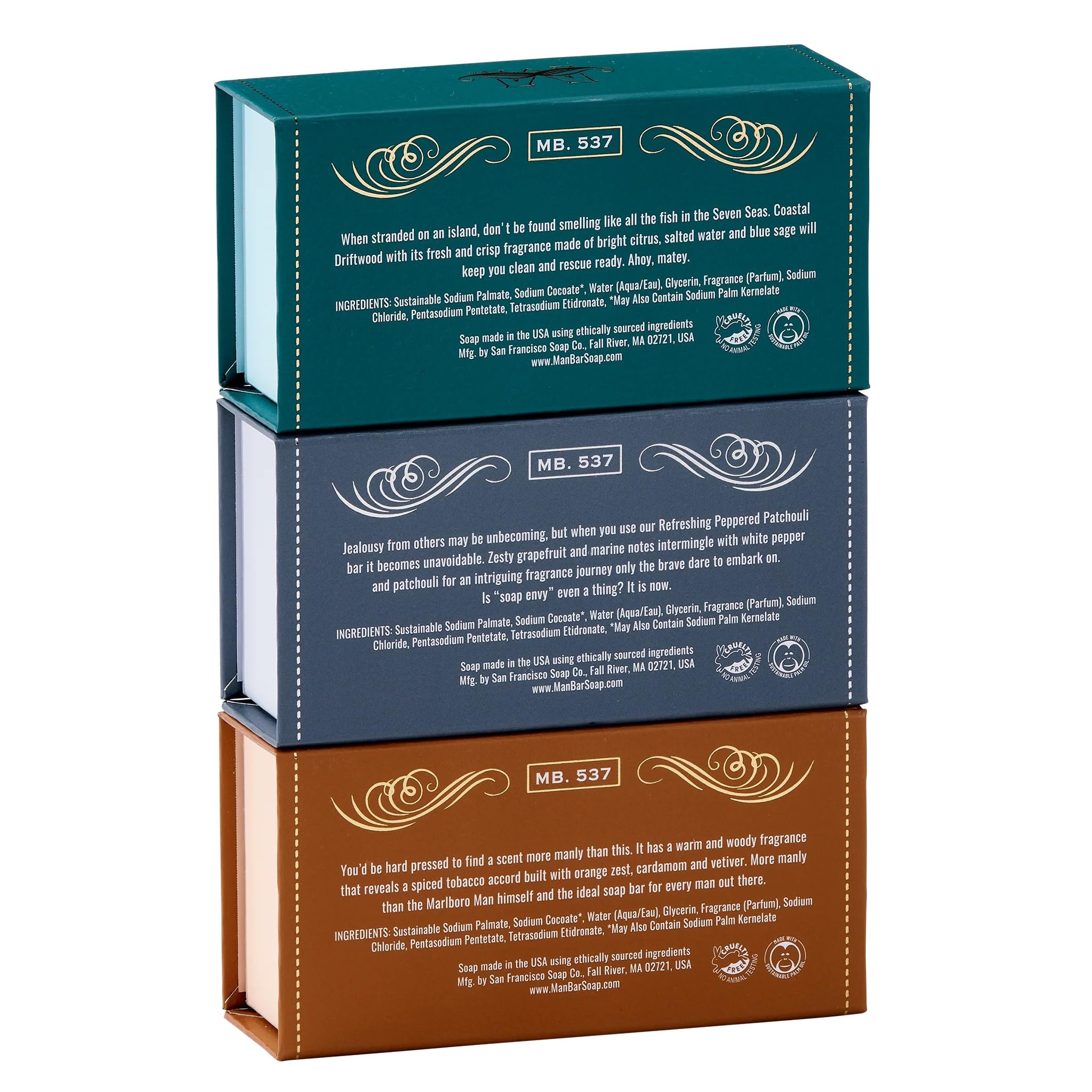 San Francisco Soap Company Man Bar Peppered Patchouli close-up with bold fragrance notes.