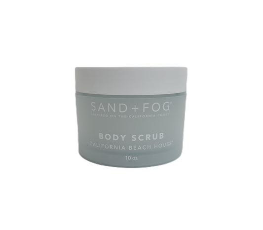 Sand and Fog California Beach House Body Scrub jar for exfoliation and hydration.