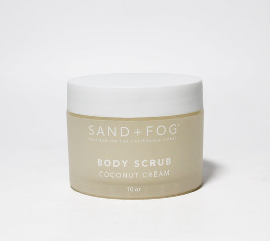 Sand + Fog Coconut Cream Body Scrub bottle for smoother, nourished skin.