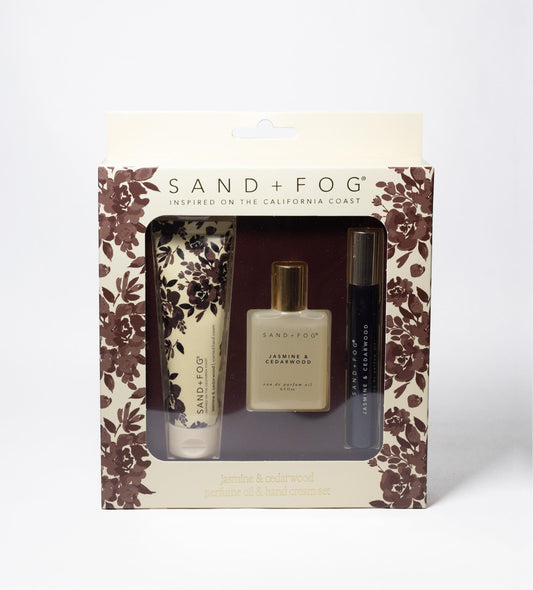 Sand + Fog Jasmine & Cedarwood gift set with hand cream and perfume oil for lasting coastal scent