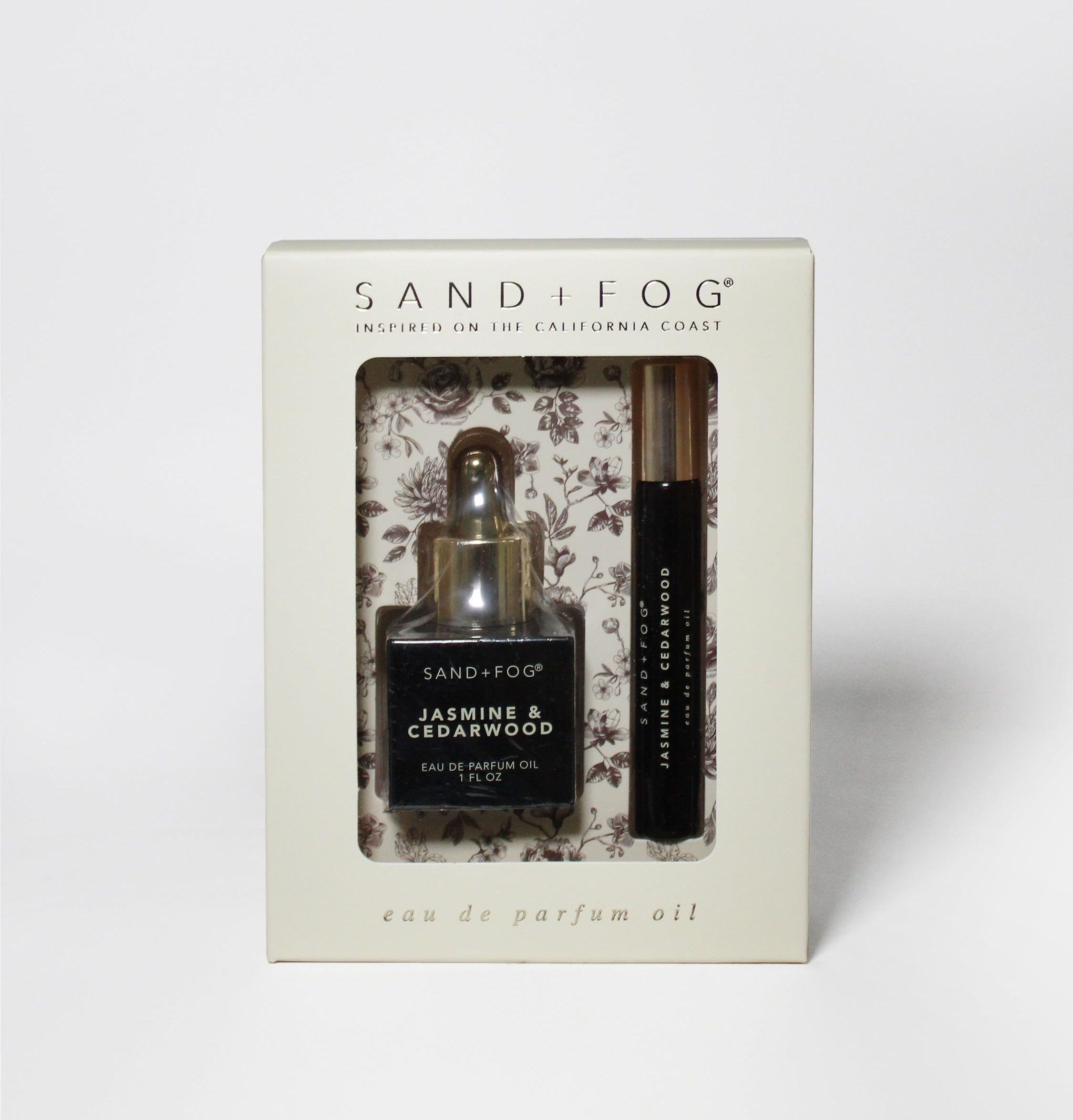 Sand + Fog Jasmine & Cedarwood oil set with dropper and roller for long-lasting fragrance