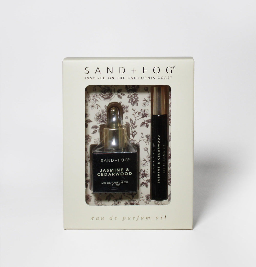 Sand + Fog Jasmine & Cedarwood oil set with dropper and roller for long-lasting fragrance