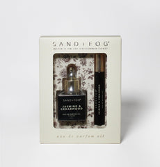 Sand + Fog Jasmine & Cedarwood oil set with dropper and roller for long-lasting fragrance