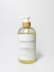 Sand + Fog Lemon Verbena bottle pour demonstrates easy dispensing and refreshing scent.