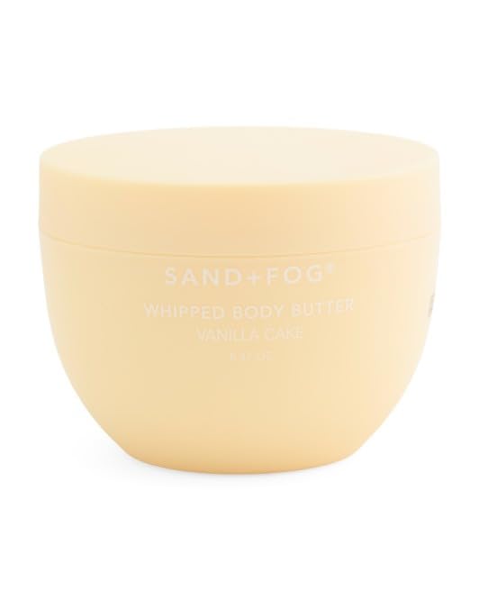 Sand + Fog Vanilla Cake Whipped Body Butter jar delivers deep hydration for smooth, nourished skin