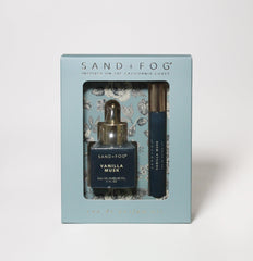 Sand + Fog Vanilla Musk bottle with gold dropper—precise application and lasting scent