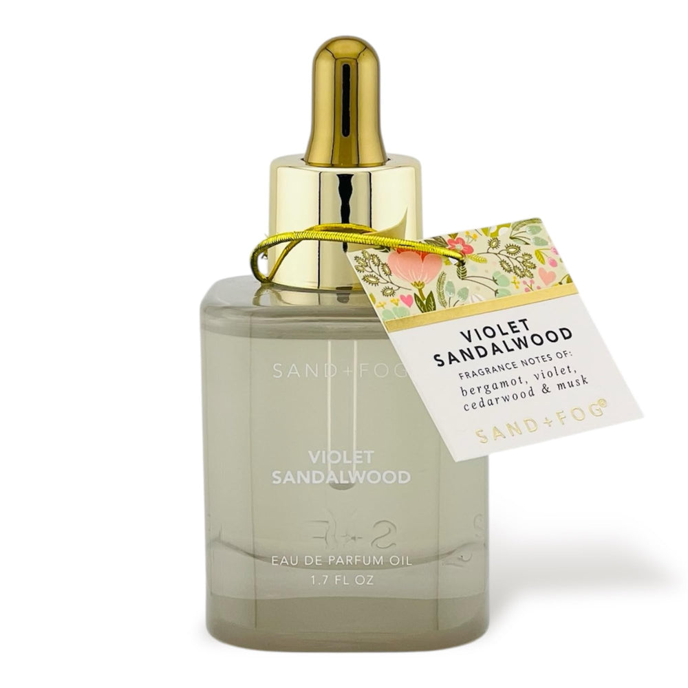 Sand + Fog Violet Sandalwood bottle close-up for refined daytime and evening fragrance.