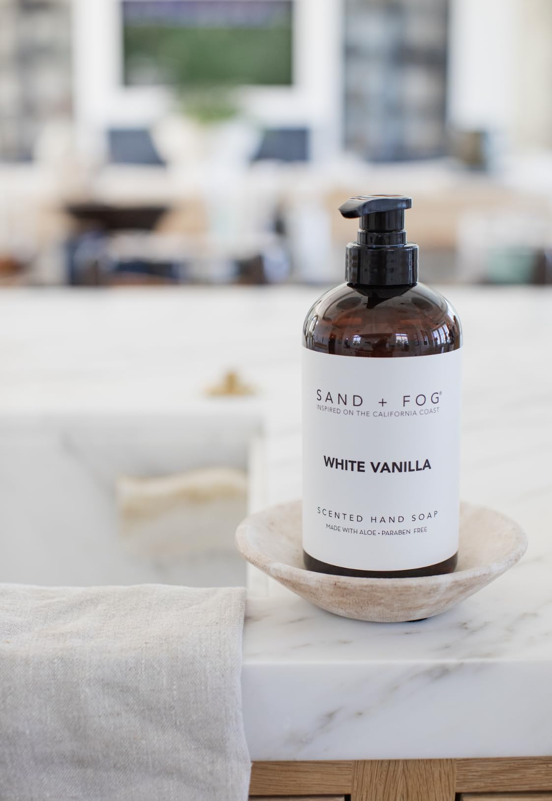 Sand + Fog White Vanilla hand soap pump ideal for daily cleansing and aroma enjoyment