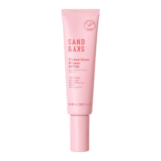 Sand & Sky Tinted Glow Primer SPF 30 bottle shows rosy glow and daily hydration
