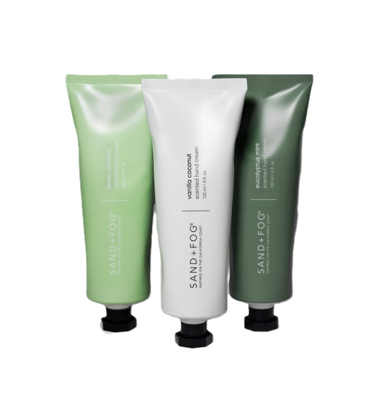 Sand + Fog hand cream trio in gift-pack packaging, ready for gifting.