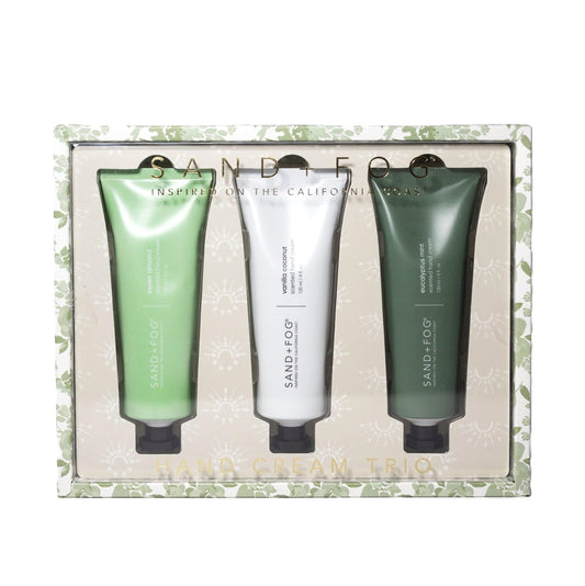 Sand + Fog hand cream trio with Sweet Almond scent for daily hydration.