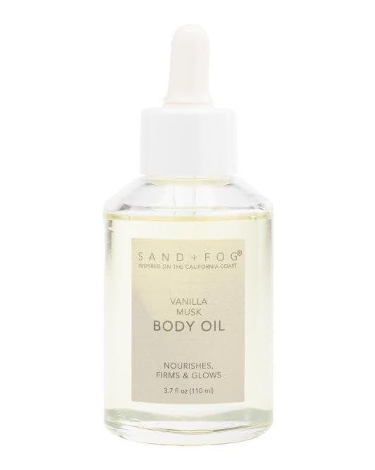 Sand + Fog Vanilla Musk body oil bottle with dropper nourishes and hydrates skin