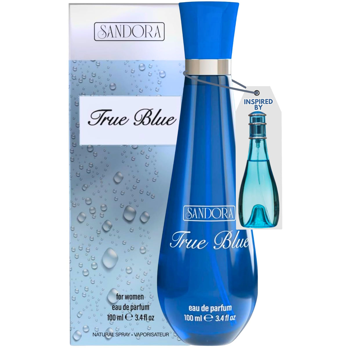 Sandora Fragrances True Blue Woman bottle close-up highlighting fresh citrus notes