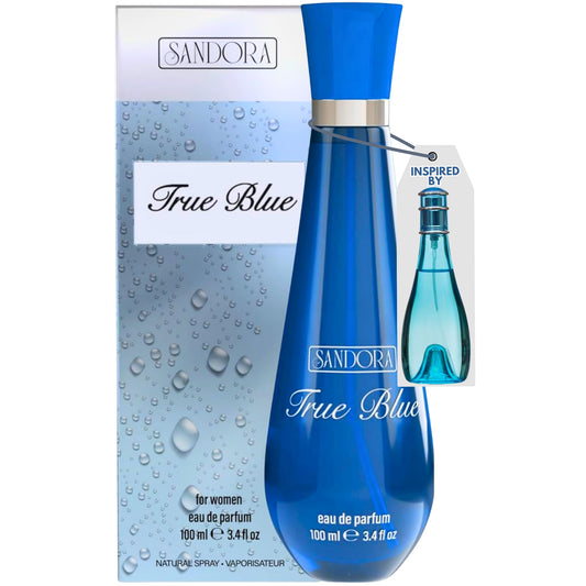 Sandora Fragrances True Blue Woman bottle close-up highlighting fresh citrus notes