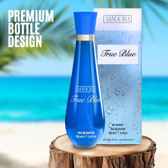 Close-up of True Blue Woman label on bottle