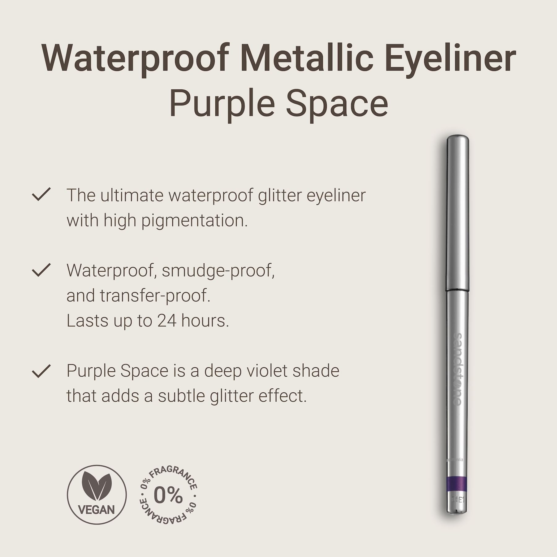 Sandstone Scandinavia eyeliner pencil demonstrates a smooth glide in Purple Space.