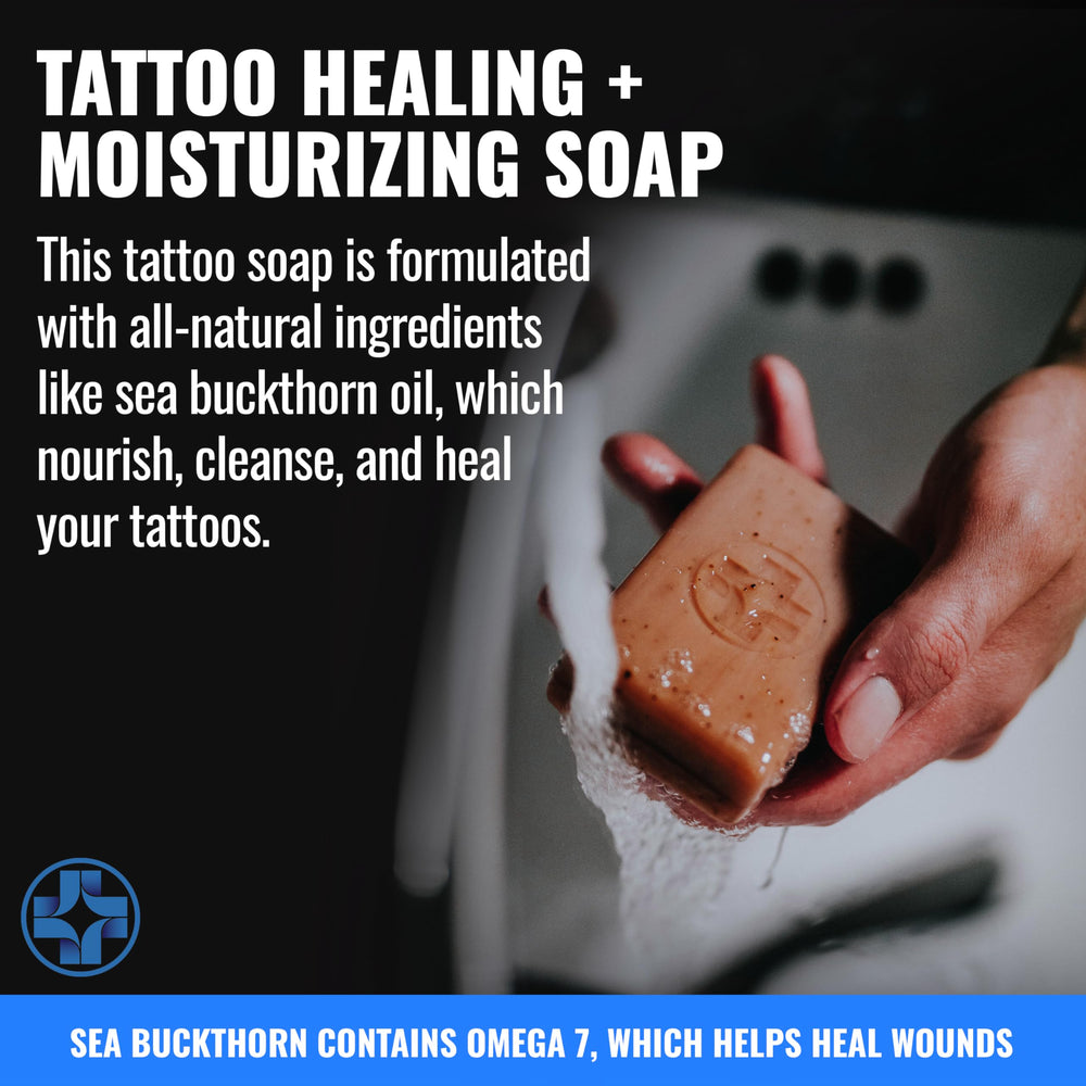 Saniderm Face & Body Bar citrus packaging suggests convenient, gentle tattoo cleansing