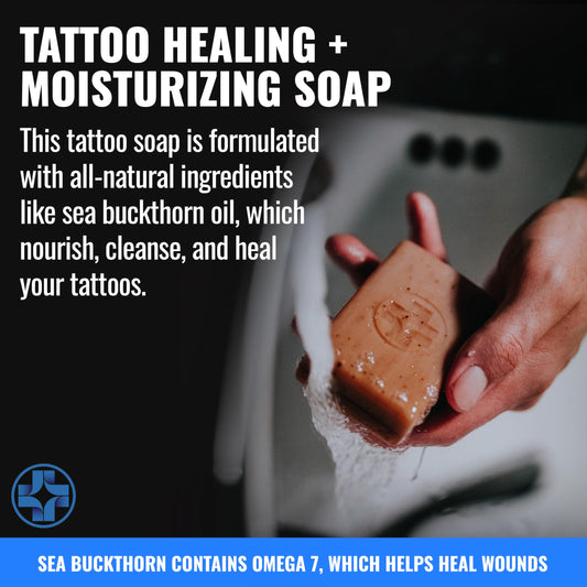 Saniderm Face & Body Bar citrus packaging suggests convenient, gentle tattoo cleansing