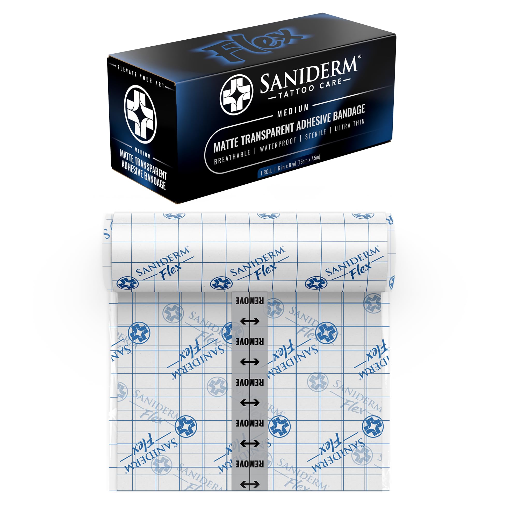 Saniderm Flex tattoo bandage with matte finish protecting a fresh tattoo.