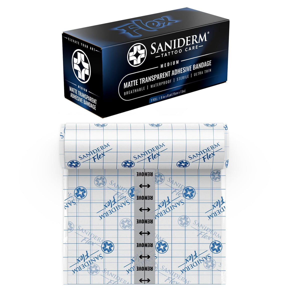 Saniderm Flex tattoo bandage with matte finish protecting a fresh tattoo.