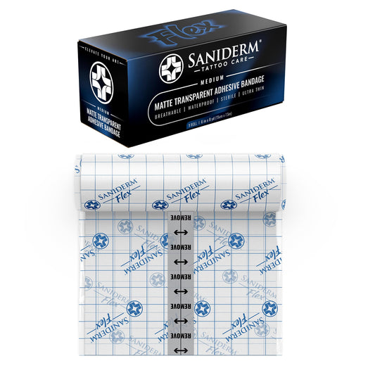 Saniderm Flex tattoo bandage with matte finish protecting a fresh tattoo.