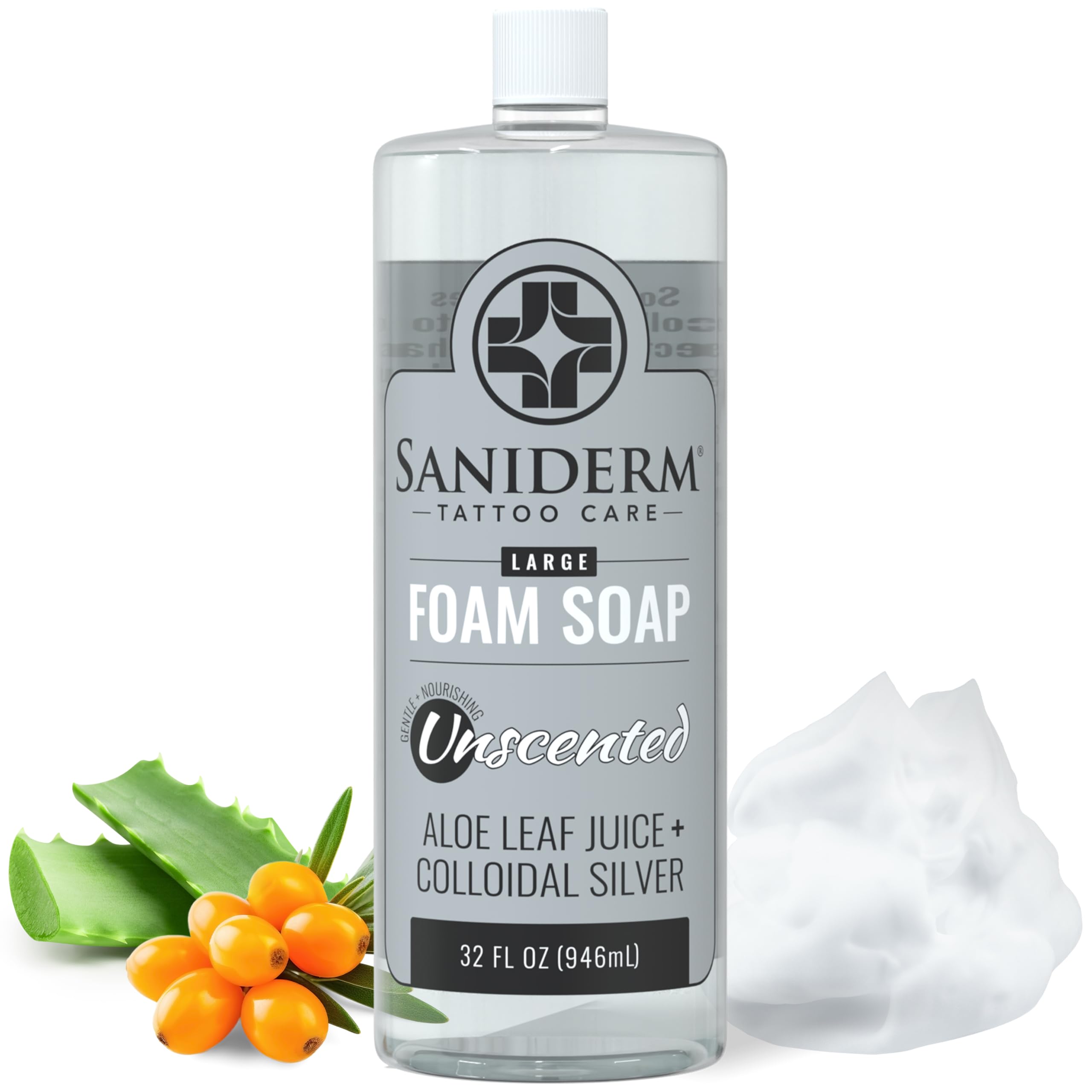 Saniderm Foaming Tattoo Soap 32oz bottle for gentle cleansing of tattooed skin.