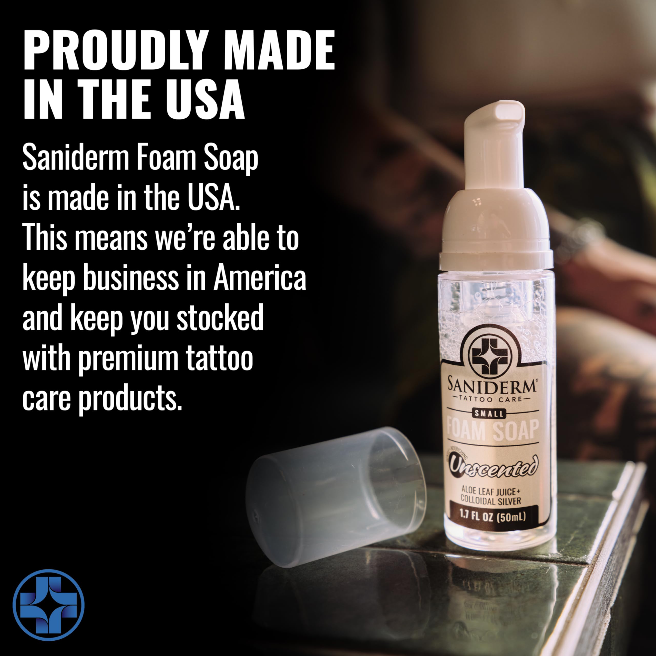 32oz shop-size packaging from Saniderm suitable for studios and home use.