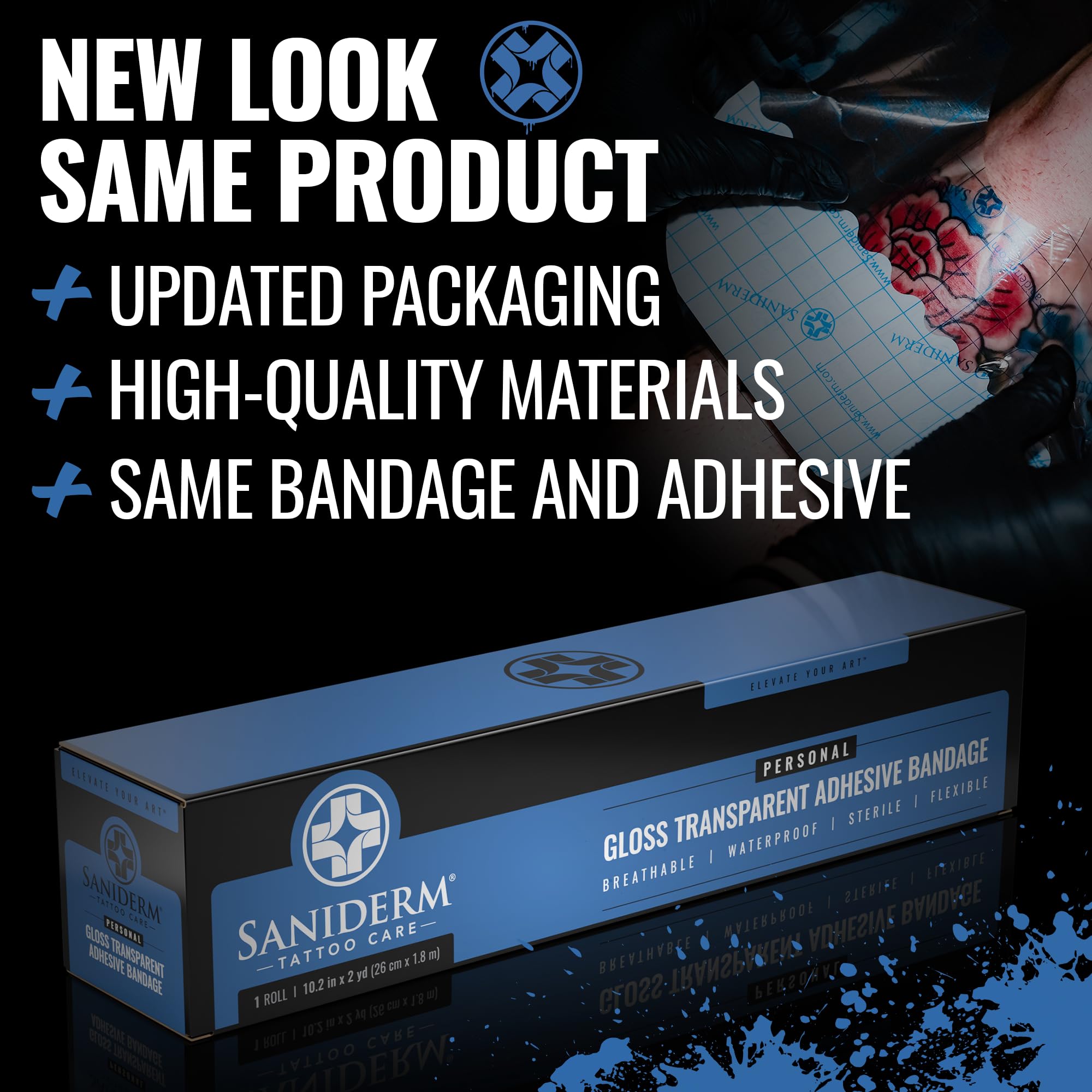 Saniderm waterproof bandage protects a fresh tattoo while showering.