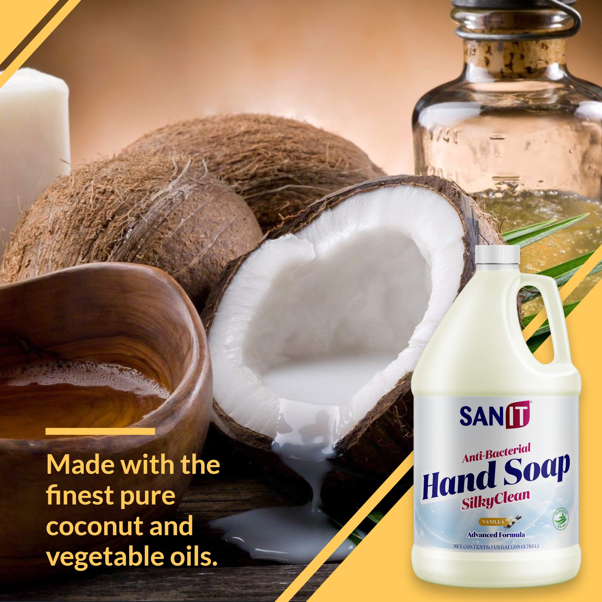 Vanilla scent detail of Sanit Silky Clean hand soap at the sink.
