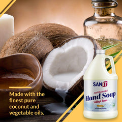 Vanilla scent detail of Sanit Silky Clean hand soap at the sink.