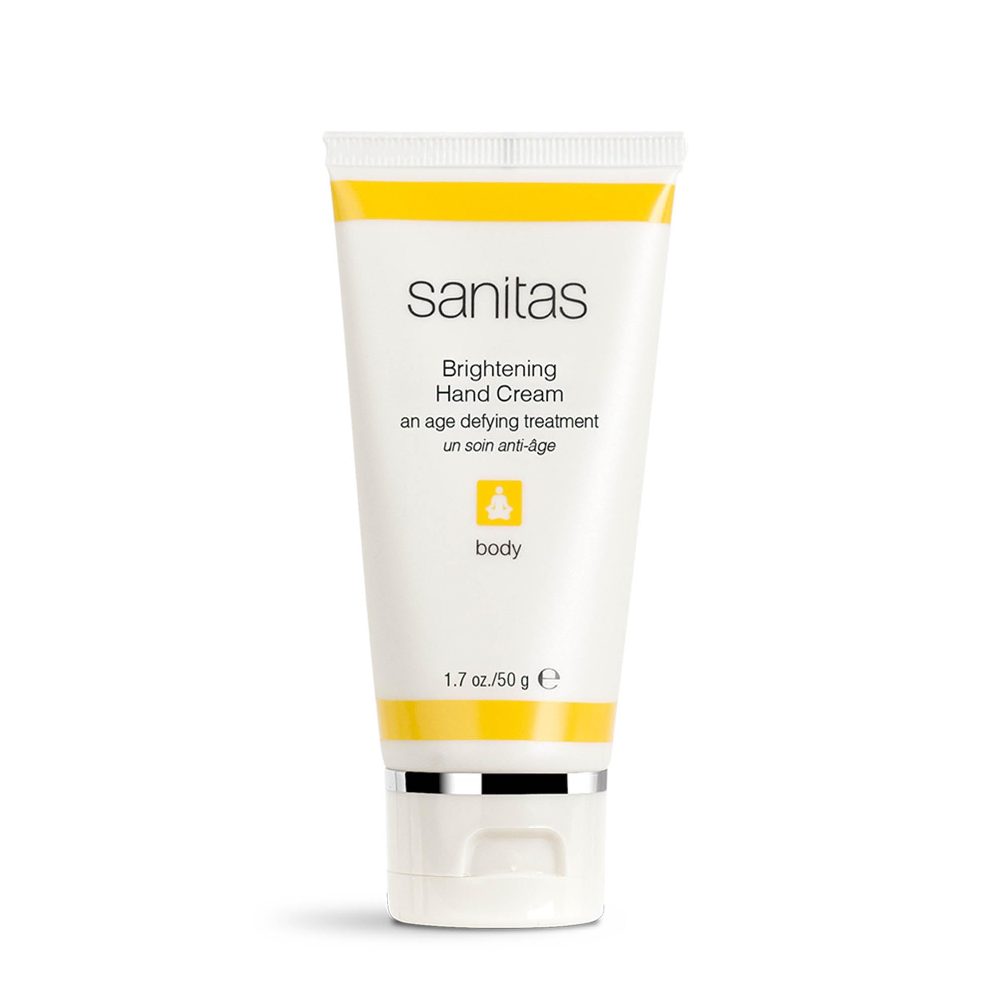 Sanitas Brightening Hand Cream bottle with vitamin C formula for daily care.