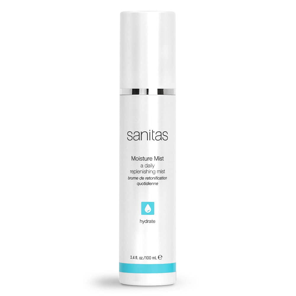 Sanitas Moisture Mist bottle closeup showing a hydrating spray for dewy skin