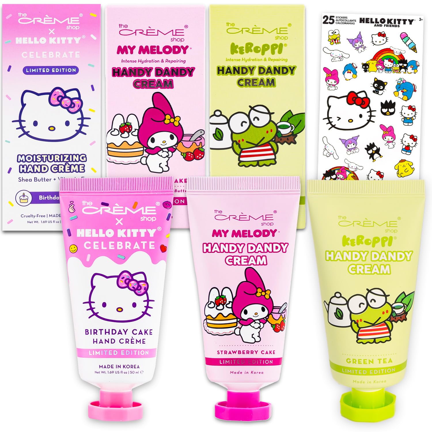 Sanrio x The Creme Shop Hello Kitty bundle gift set with stickers, ideal for fans.