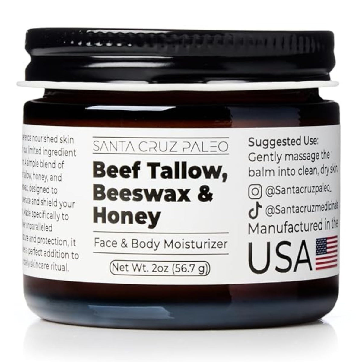 Santa Cruz Paleo beef tallow honey moisturizer in a jar for daily facial hydration.