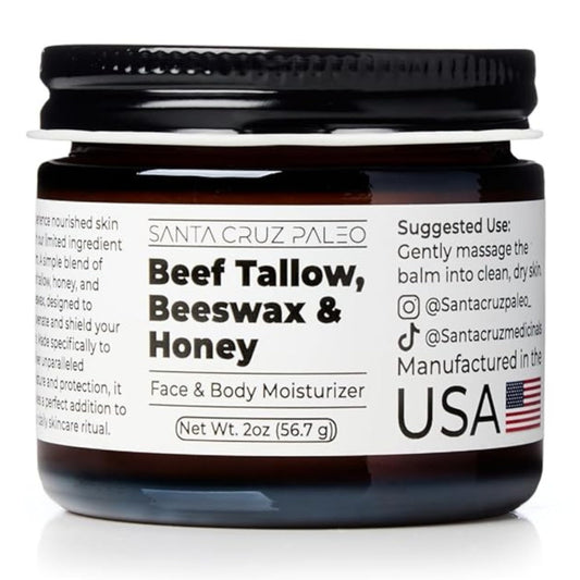 Santa Cruz Paleo beef tallow honey moisturizer in a jar for daily facial hydration.