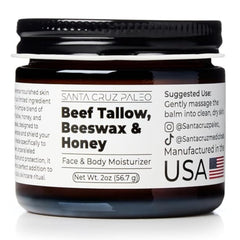 Santa Cruz Paleo beef tallow honey moisturizer in a jar for daily facial hydration.