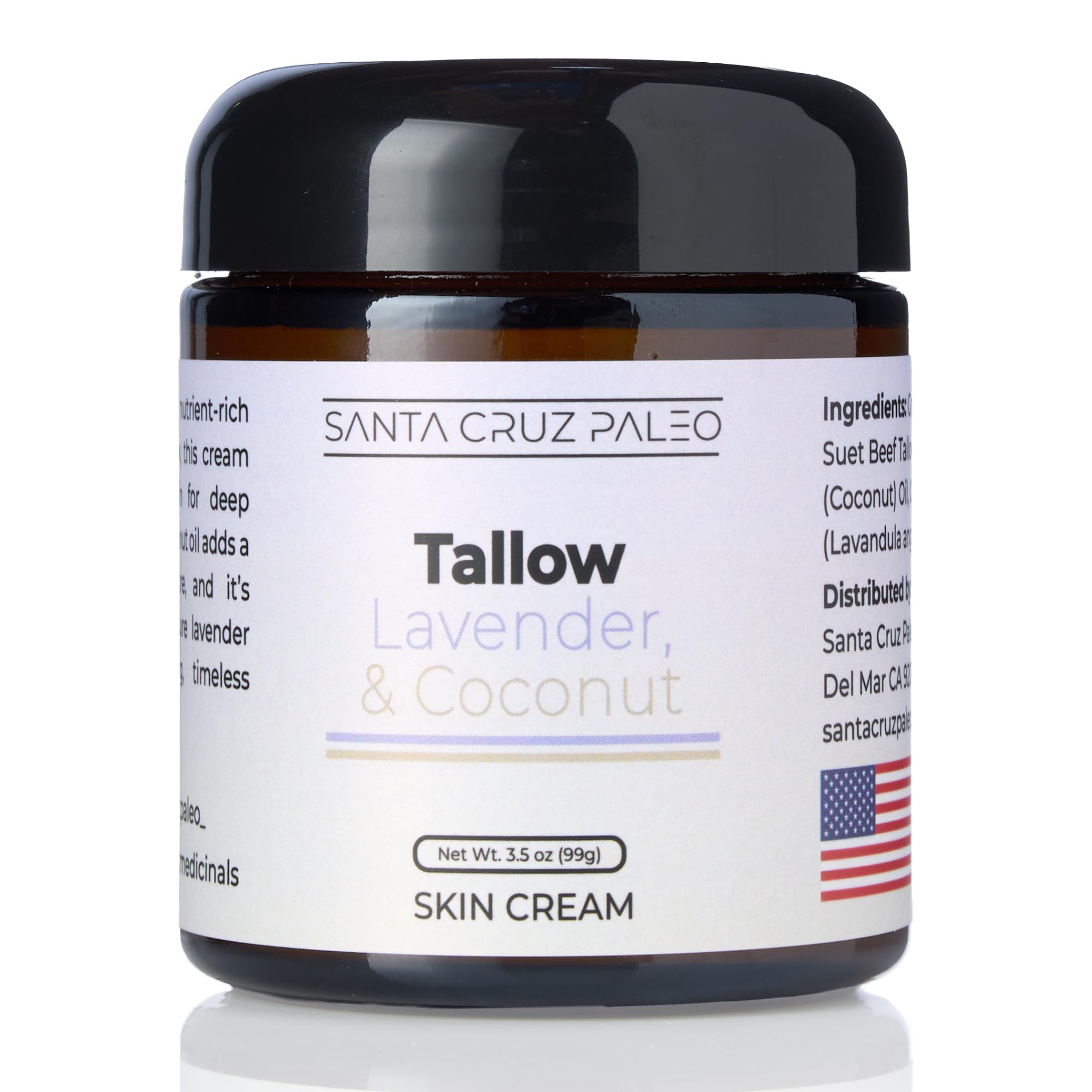 Santa Cruz Paleo suet tallow lavender coconut moisturizer jar shows creamy texture and hydration.