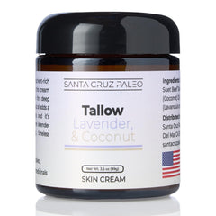 Santa Cruz Paleo suet tallow lavender coconut moisturizer jar shows creamy texture and hydration.