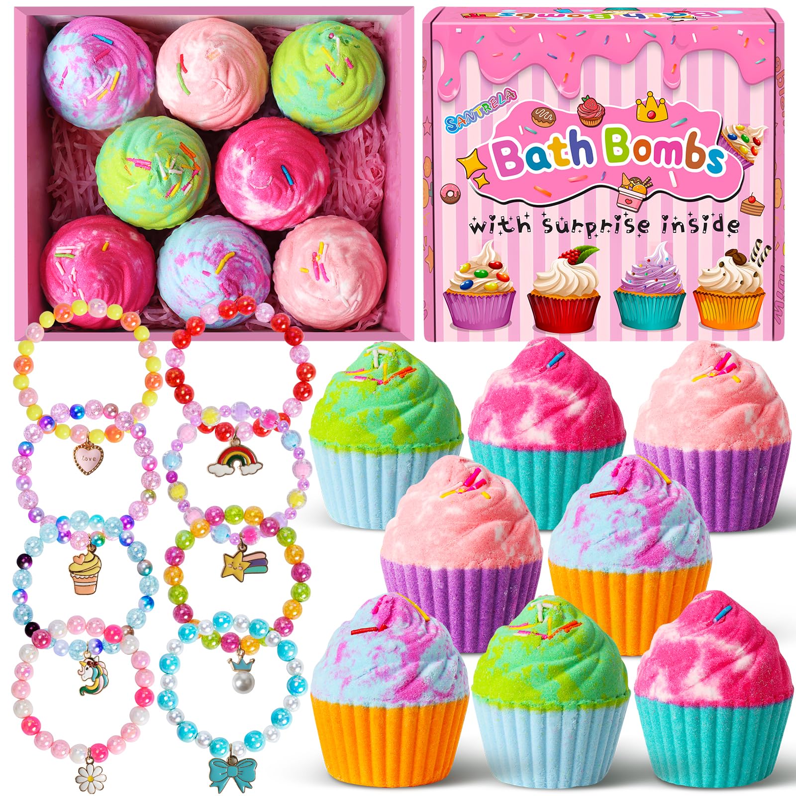 Santrela cupcake bath bombs in a gift box with colorful fizz for kids' bath time fun.