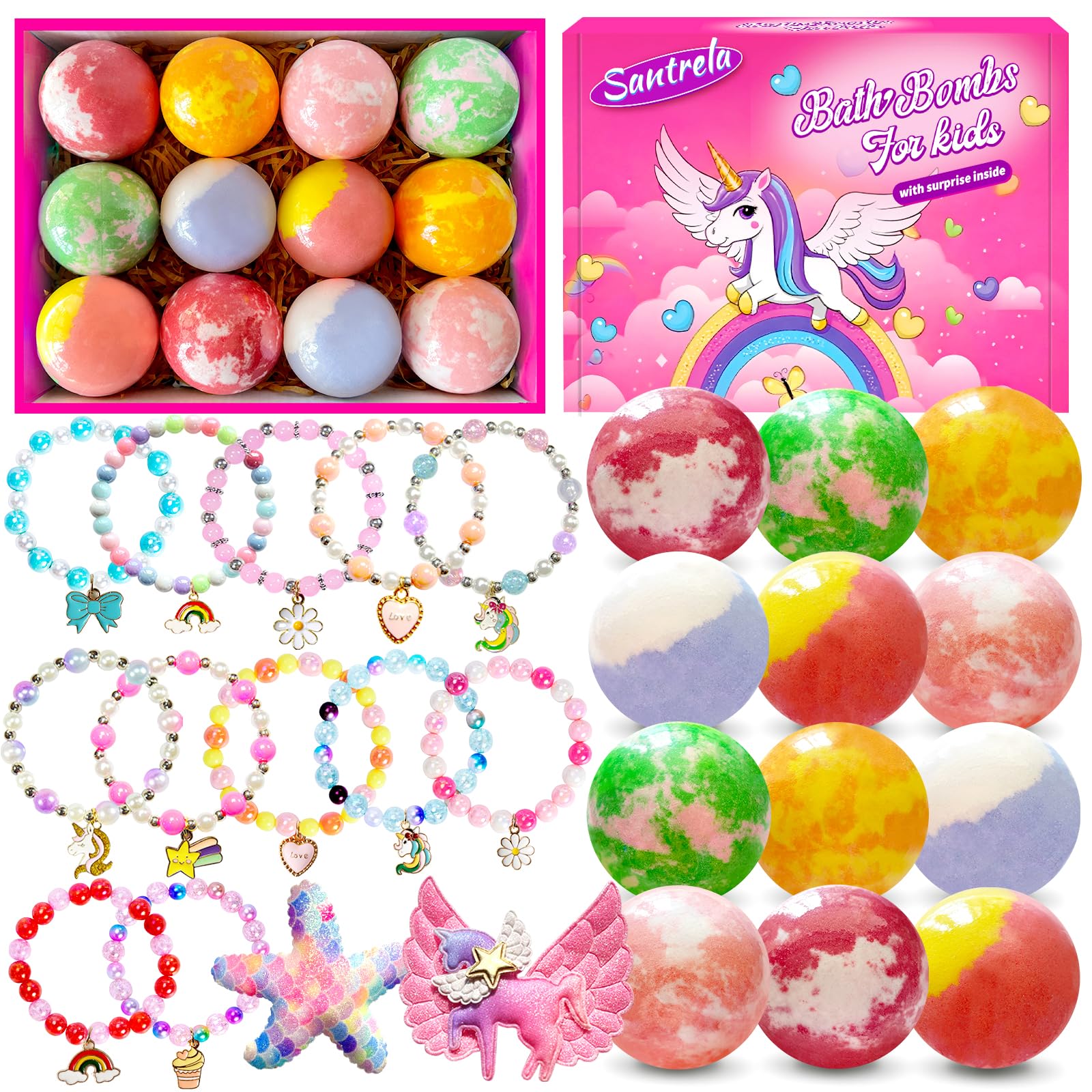 Santrela bath bombs with surprise bracelets inside, perfect for playful bath time.