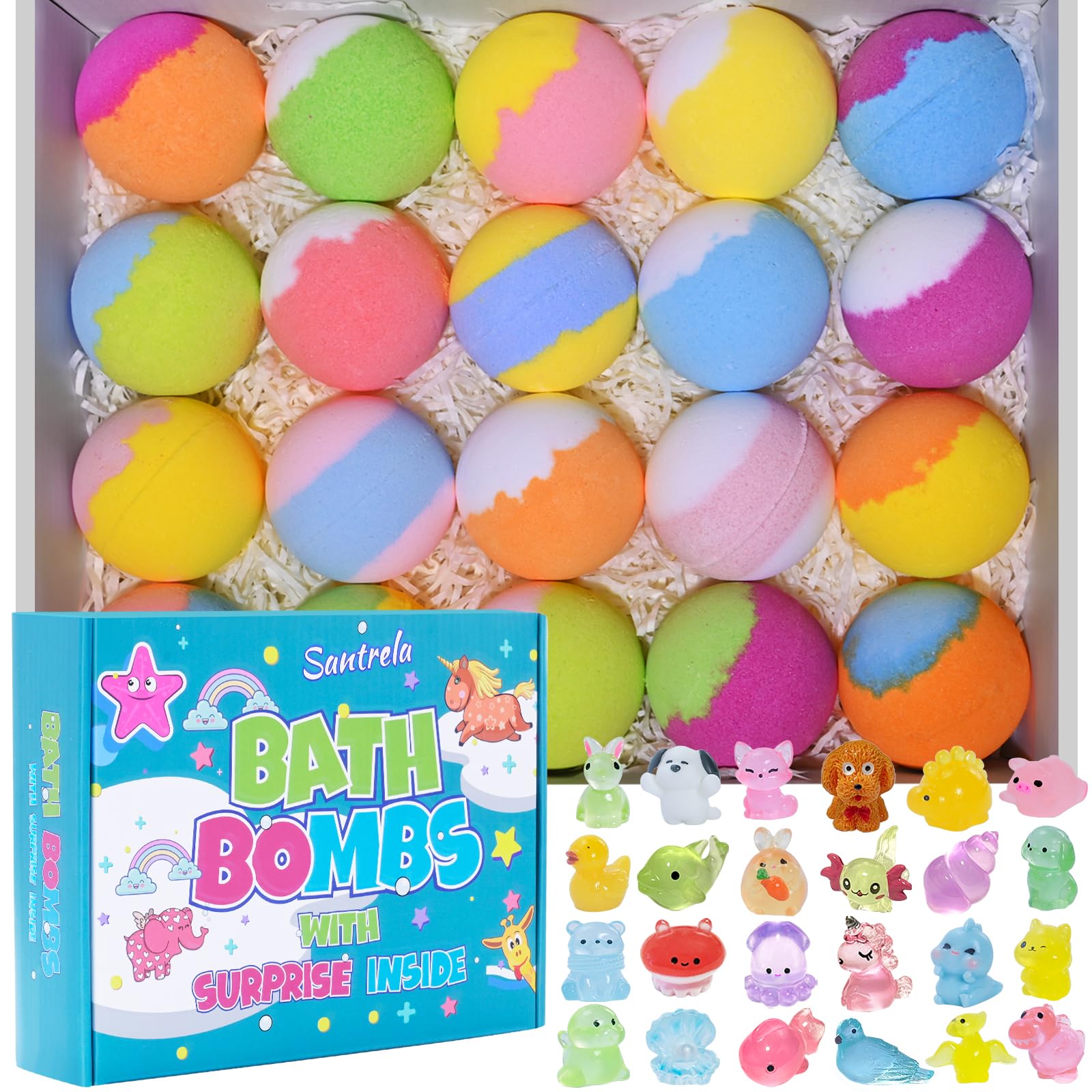 Santrela bath bombs with surprise toy inside in a colorful gift box