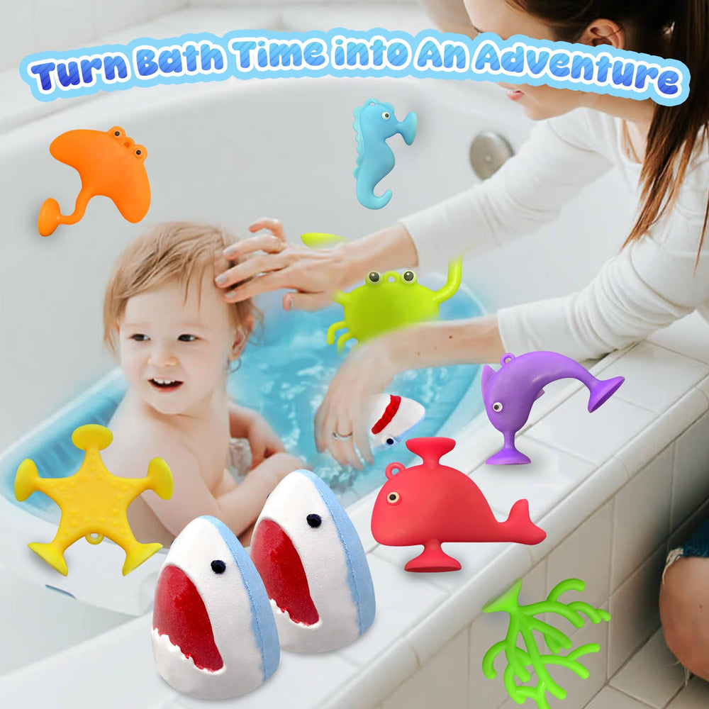 Santrela Shark Bath Bombs reveal smiling or jaw opening faces during fizz.