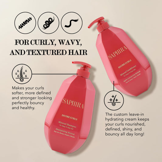 Saphira Divine Curls conditioner bottle provides detangling slip for soft, manageable hair.
