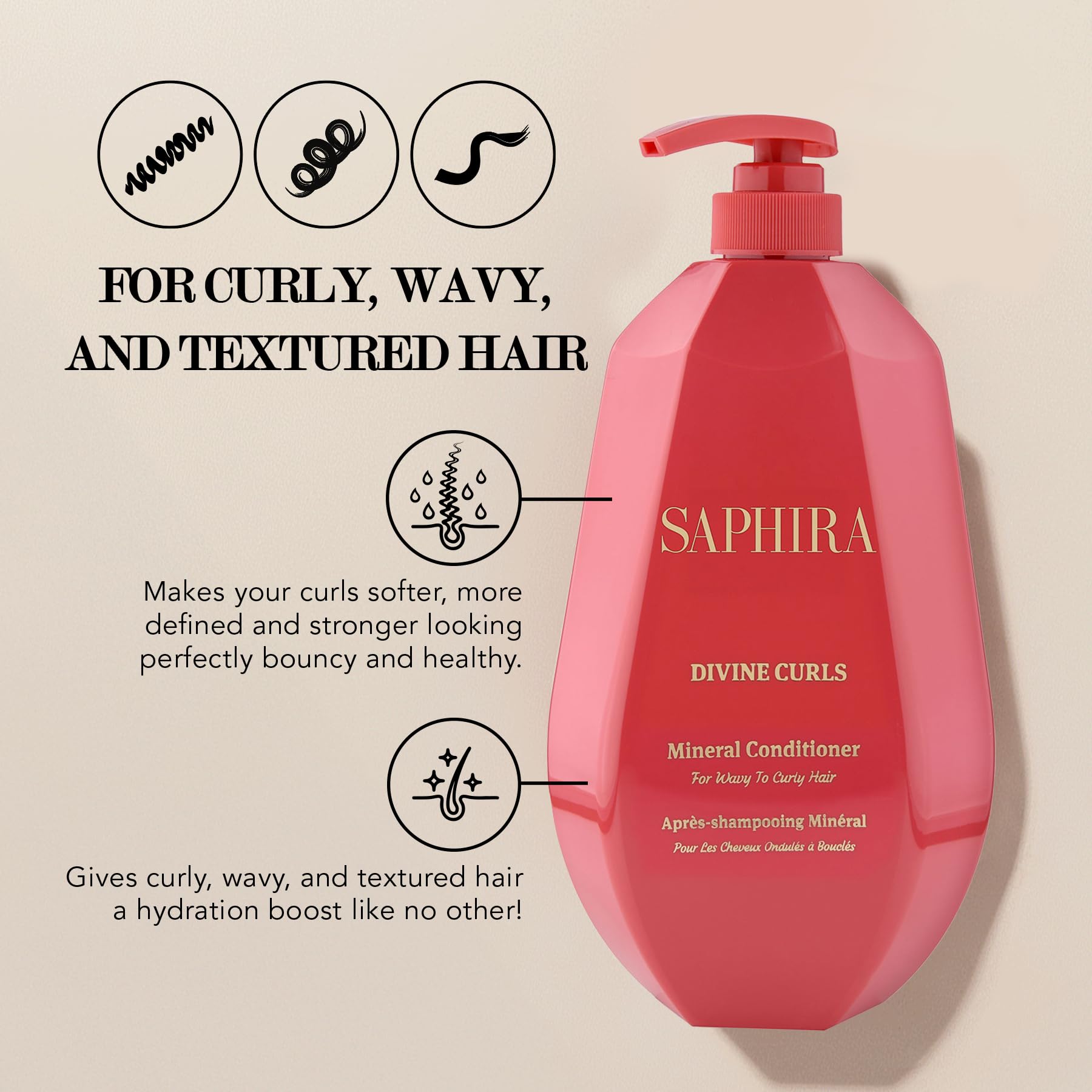 Saphira Divine Curls Conditioner label close-up showing 34oz size