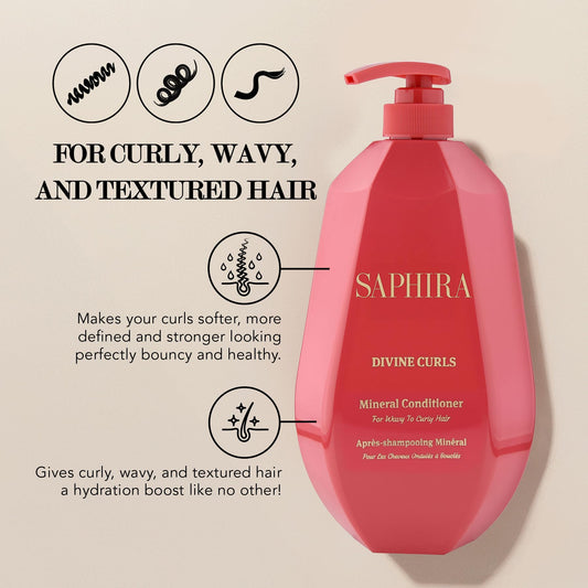 Saphira Divine Curls Conditioner label close-up showing 34oz size