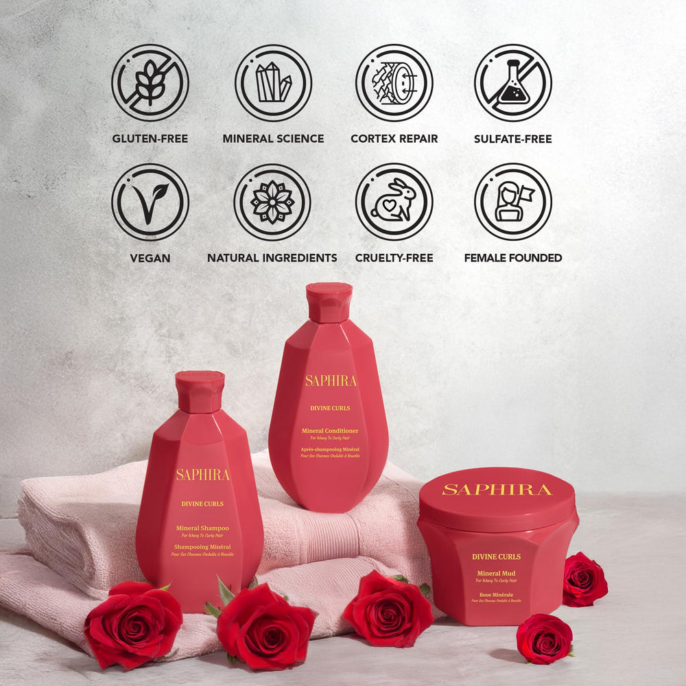 Saphira Divine Curls moisture rich formula visible on hair strands.