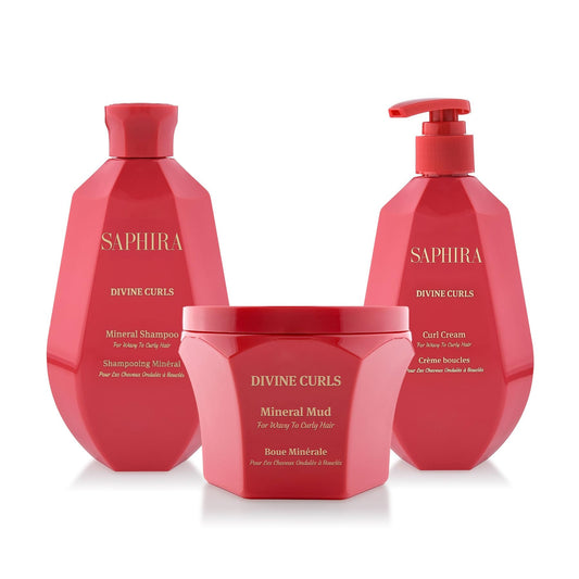 Saphira Divine Curls shampoo bottle on bathroom shelf promoting gentle cleanse