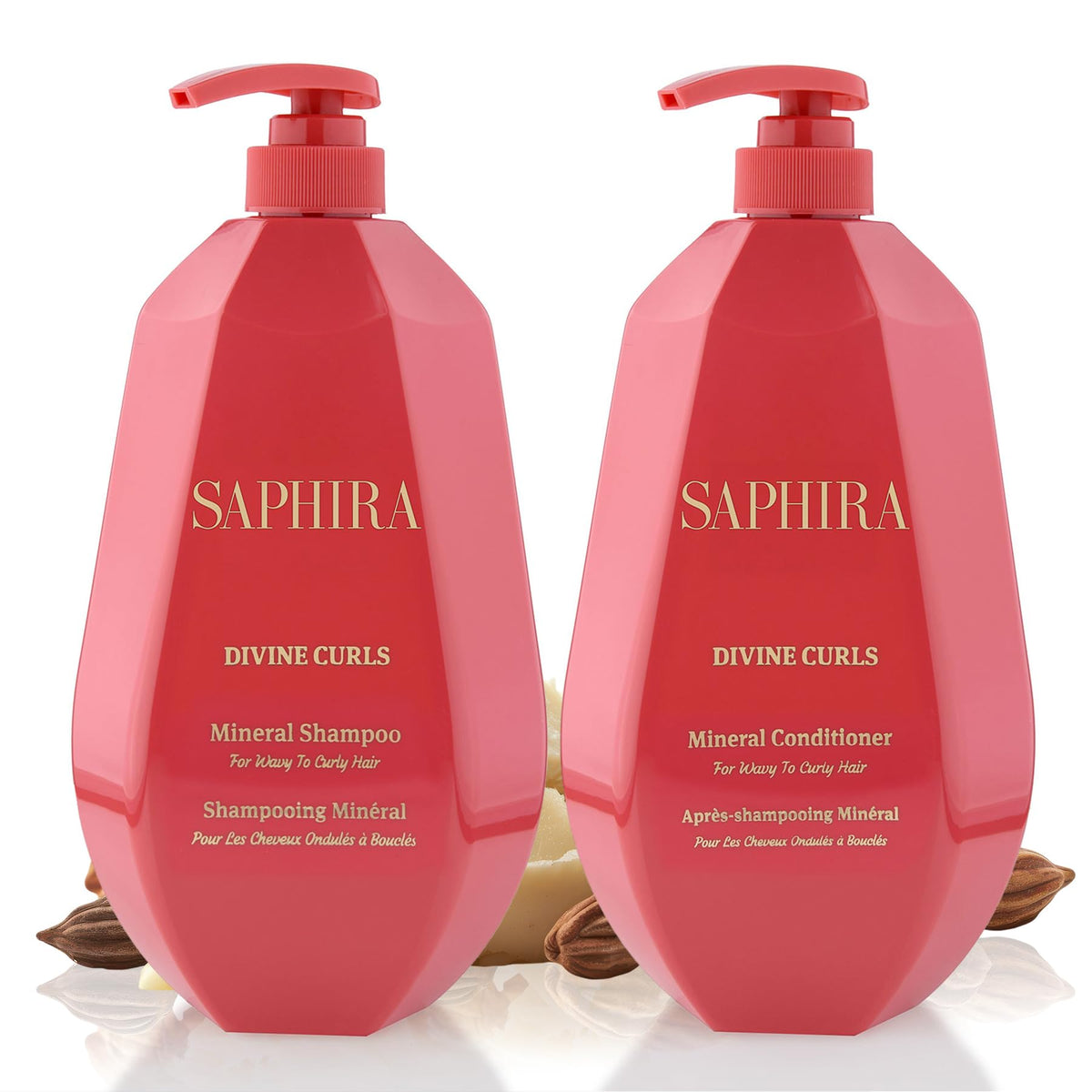 Saphira Divine Curls shampoo bottle demonstrates cleansing that supports defined curls.