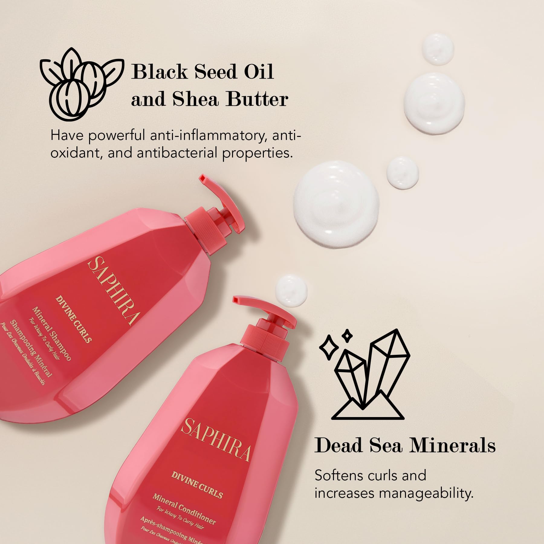 Saphira Divine Curls shampoo lather shows gentle cleansing for curly hair.